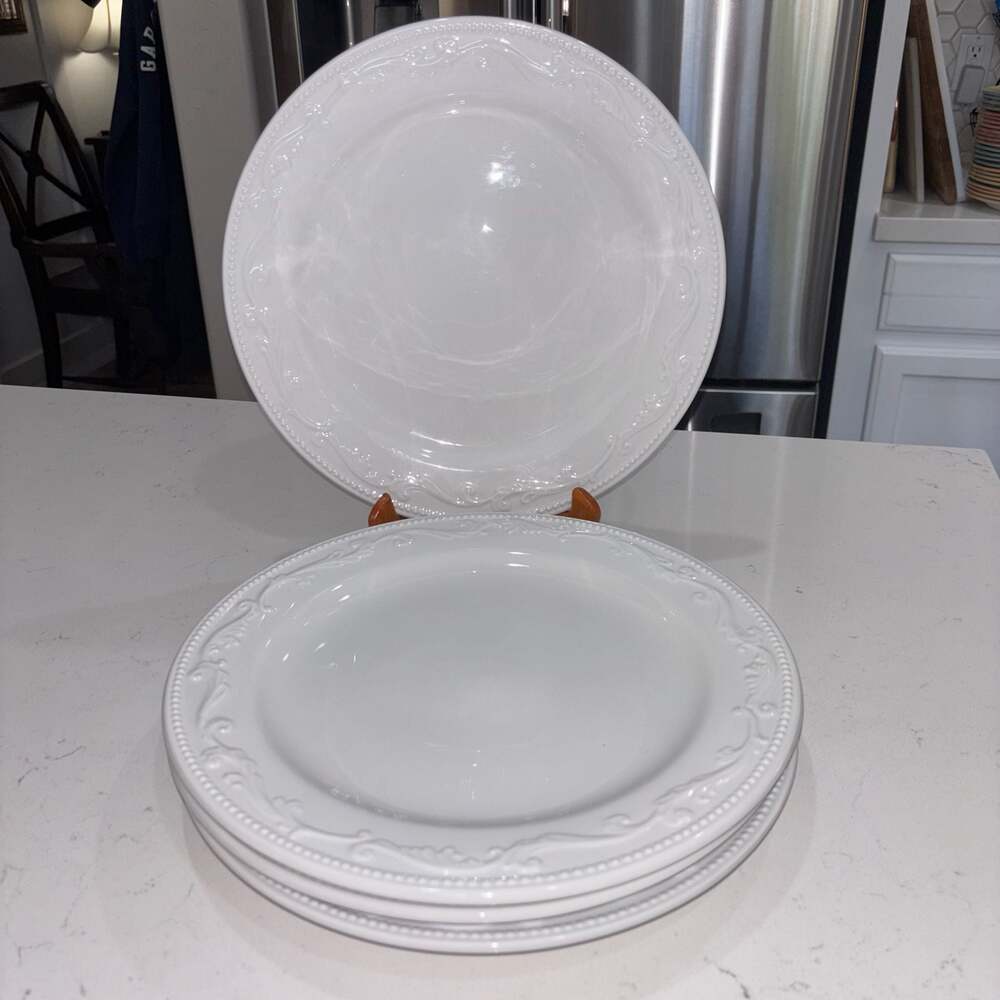 Mesa International White Embossed Dinner Plates with Scroll and Bead Rim, Set of